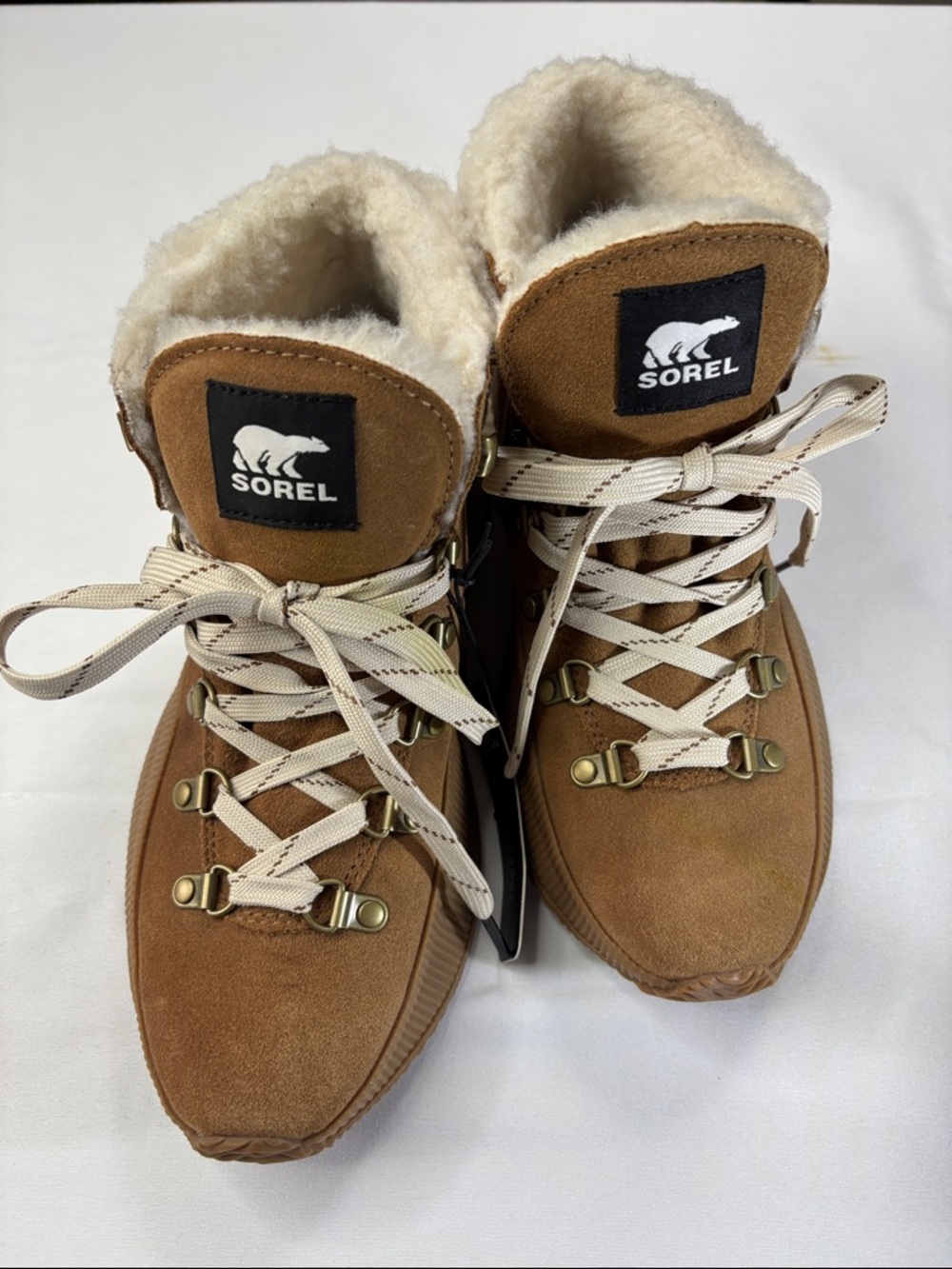 Sorel Brown Faux-Shearling Lace-Up Winter Boots with Cream Laces